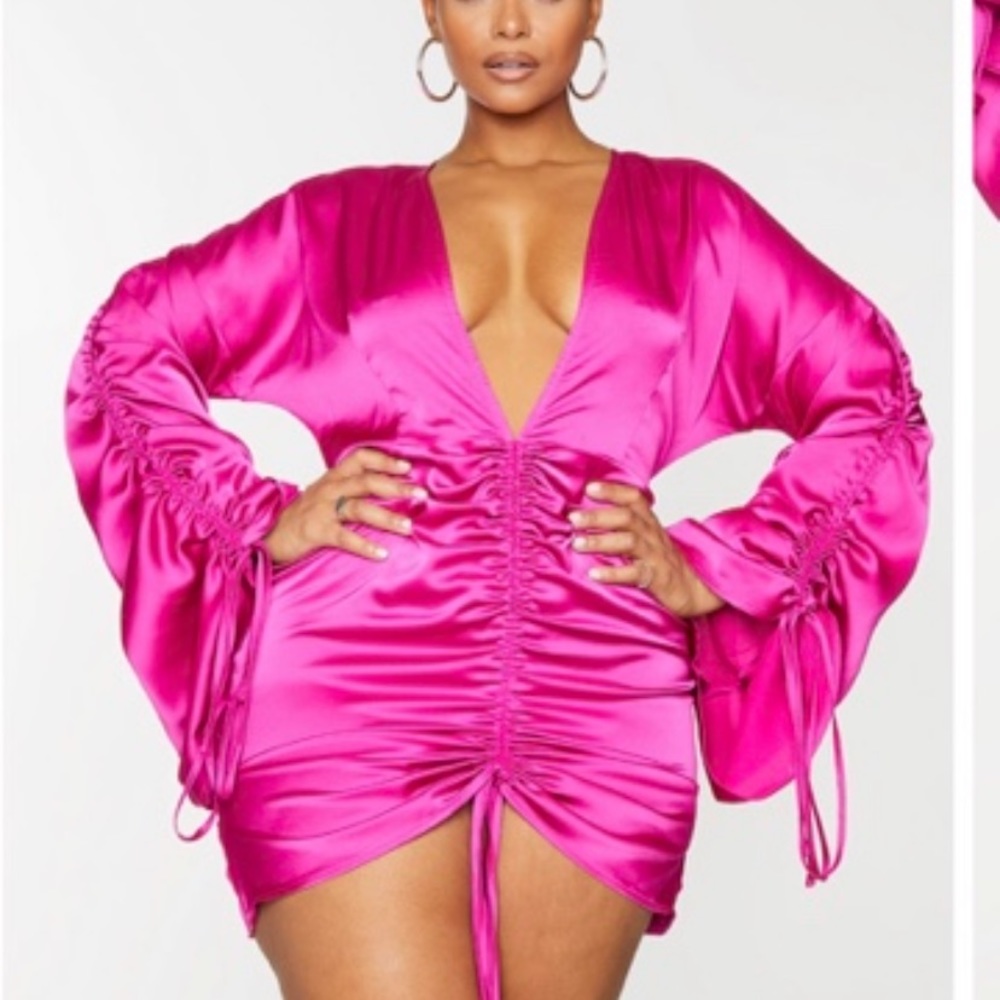 Plus Fuchsia Satin Plunge Ruched Dress